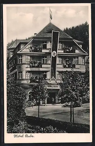 AK Berneck i. Fichtelgebirge, Hotel-Pension Bube mit banner