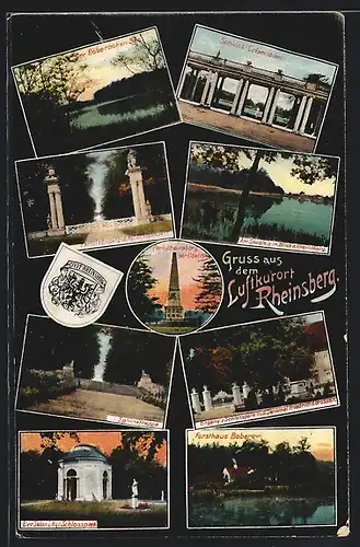 AK Rheinsberg, Schloss-Colonnaden, Obelisk im Park, Sphinxtreppe