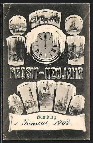 AK Hamburg, Freihafen, Fleeth, Michaeliskirche, Uhr, Neujahr