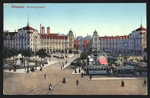 AK München, Karlstorrondell mit Strassenbahnverkehr