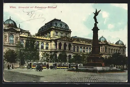 AK Wien, Universität, Liebenberg-Denkmal und Strassenbahn