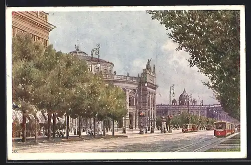 Künstler-AK Wien, Strassenbahnen am Burgtheater