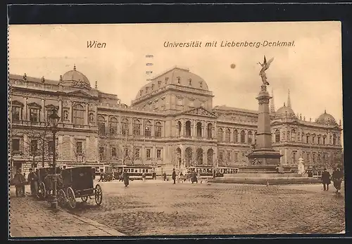 AK Wien, Universität mit Liebenberg-Denkmal und Strassenbahn