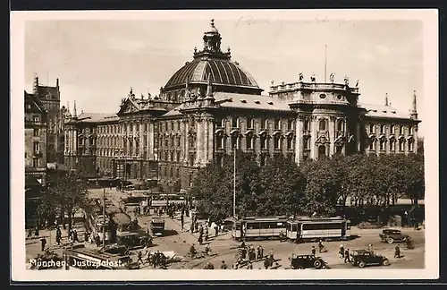 AK München, Strassenbahn vor Justizpalast