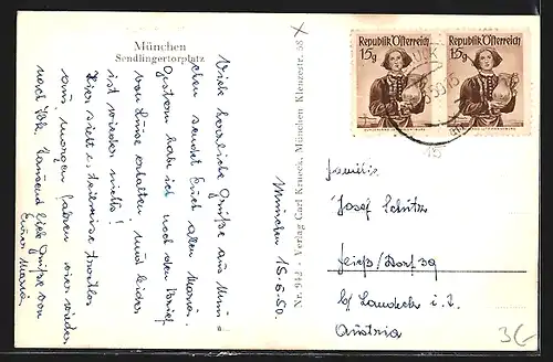 AK München, Leute an der Strassenbahnhaltstelle auf dem Sendlingertorplatz