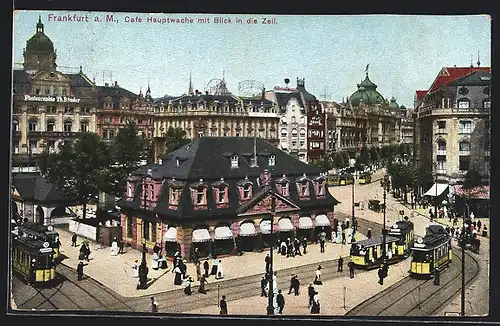 AK Frankfurt a. M., Cafe Hauptwache mit Strassenbahnen aus der Vogelschau