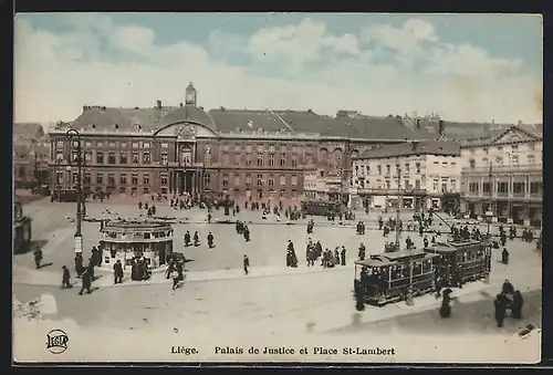 AK Liége, Palais de Justice et Place St-Lambert, Strassenbahn