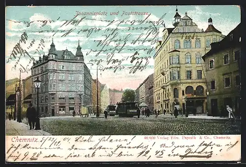AK Chemnitz, Strassenbahnen in der Poststrasse am Johannisplatz