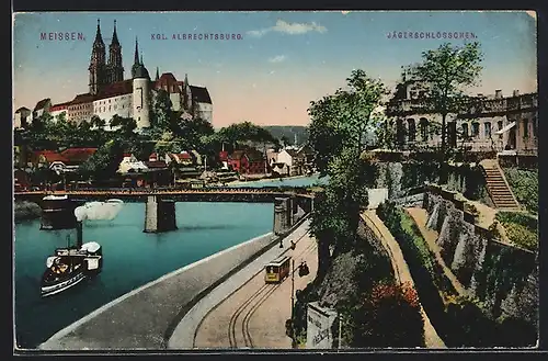 AK Meissen, Strassenbahn, Kgl. Albrechtsburg, Jägerschlösschen, Dampfer