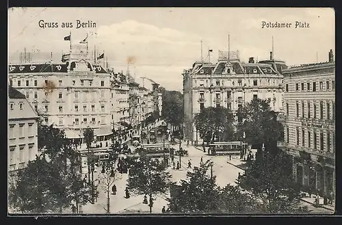 AK Berlin, Potsdamer Platz mit Hotel Der Fürstenhof und Strassenbahn