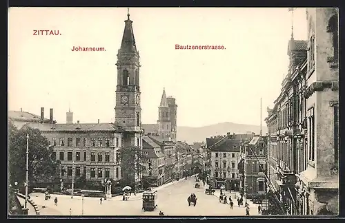 AK Zittau, Strassenbahn am Johanneum in der Bautznerstrasse