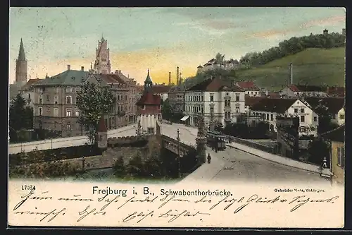 AK Freiburg / Breisgau, Schwabenthorbrücke mit Strassenbahn