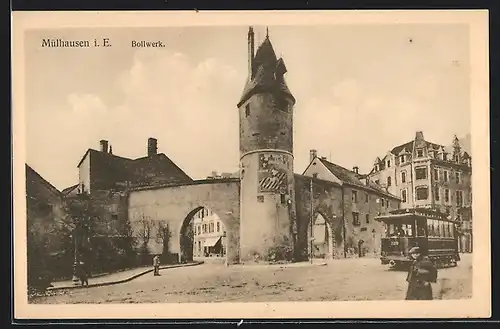 AK Mülhausen i. E., Bollwerk und Strassenbahn