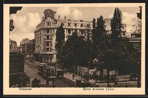 AK Bukarest, Hotel Athenée Palast mit Strassenbahn