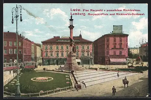 AK Lemberg, Maryacki-Platz und Mickiewicz-Dwenkmal