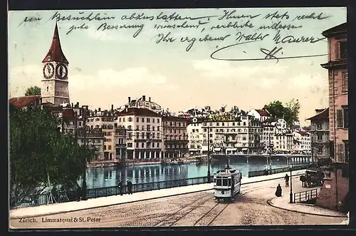 AK Zürich, Limmatquai mit Strassenbahn und St. Peter