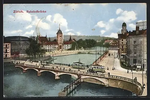 AK Zürich, Strassenbahn auf der Bahnhofbrücke