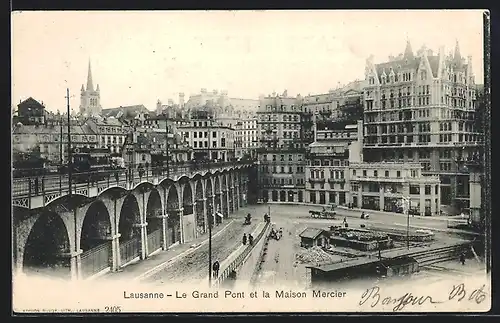 AK Lausanne, Le Grand Pont et la Maison Mercier, Strassenbahn