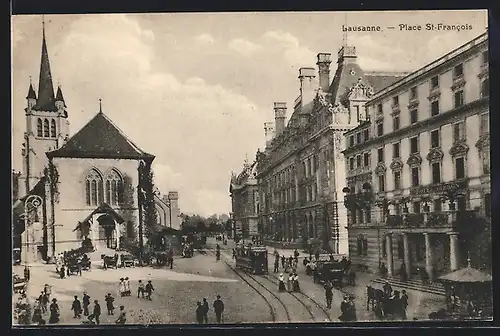 AK Lausanne, Place St-Francois, Strassenbahn