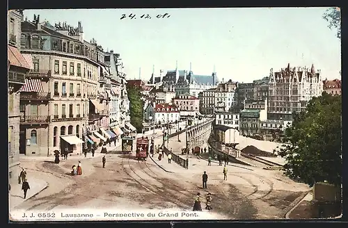 AK Lausanne, Perspective du Grand Pont, Strassenbahn