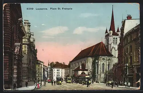 AK Lausanne, Place St. Francois, Strassenbahn