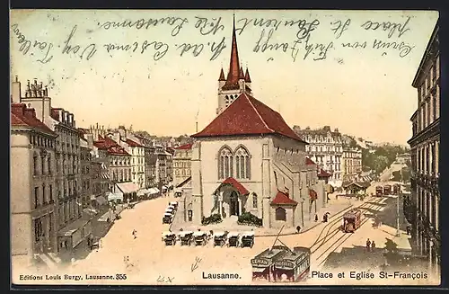 AK Lausanne, Place et Eglise St-Francois, Strassenbahn