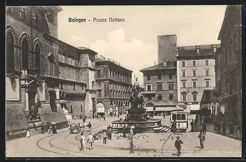 AK Bologna, Piazza Nettuno, Strassenbahn