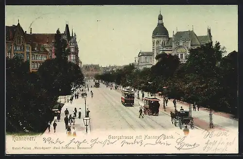 AK Hannover, Georgstrasse mit Hannov. Bank und Strassenbahn