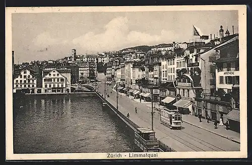 AK Zürich, Limmatquai mit Strassenbahn