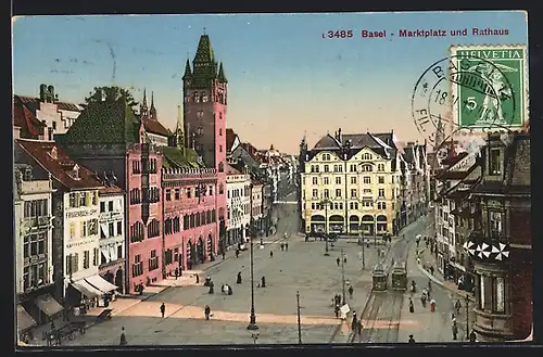 AK Basel, Marktplatz mit Strassenbahn und Rathaus