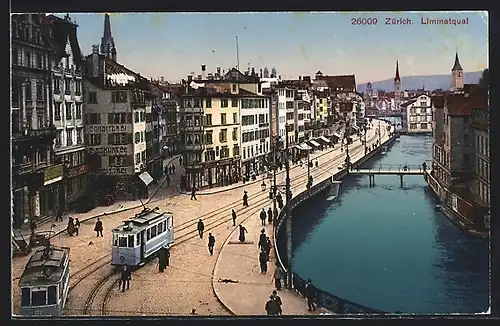 AK Zürich, Limmatquai mit Strassenbahn