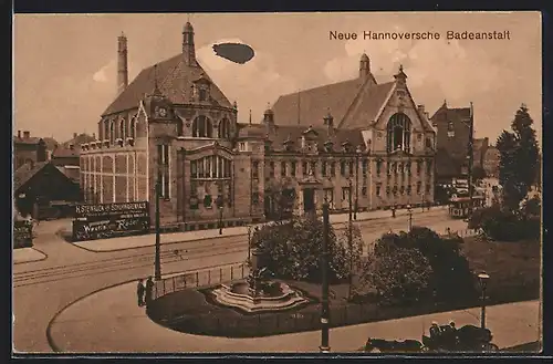 AK Hannover, Neue Hannoversche Badeanstalt und Strassenbahn