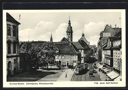 AK Durlach /Baden, Schlossplatz mit Strassenbahn, Pfinztalstrasse