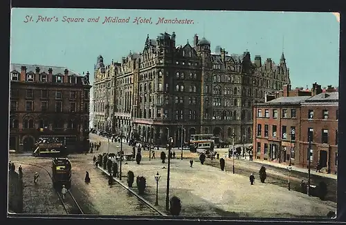 AK Manchester, St. Peter`s Square and Midland Hotel, Strassenbahn