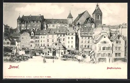 AK Basel, Barfüssleplatz mit Strassenbahnen aus der Vogelschau