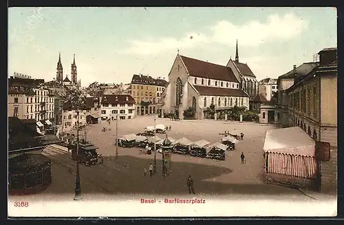 AK Basel, Starssenbahn und Stände auf dem Barfüsserplatz