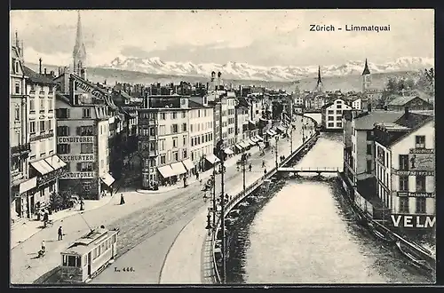 AK Zürich, Limmatquai, Strassenbahn