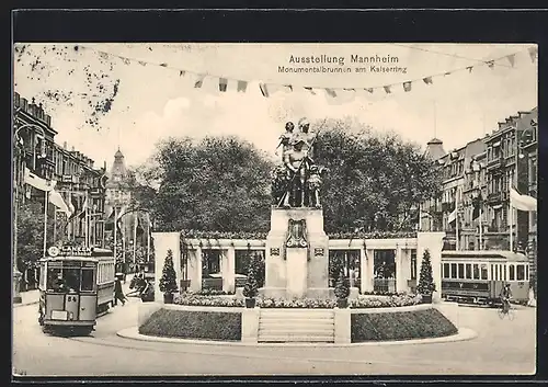 AK Mannheim, Ausstellung, Monumentalbrunnen am Kaiserring mit Strassenbahn