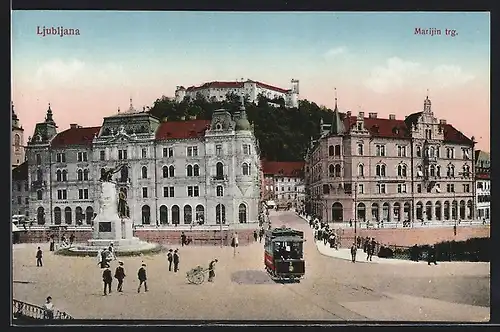 AK Ljubljana / Laibach, Marijin trg., Strassenbahn