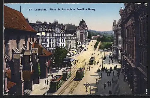 AK Lausanne, Place St. Francois et Derriére Bourg, Strassenbahn