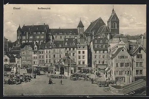 AK Basel, Barfüsserplatz mit Friseursalon und Strassenbahn