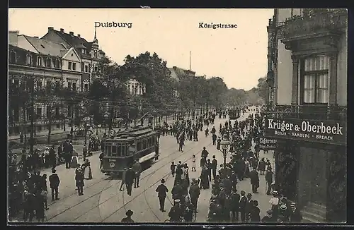 AK Duisburg, Königstrasse mit Zigarrengeschäft Krüger & Oberbeck und Strassenbahn