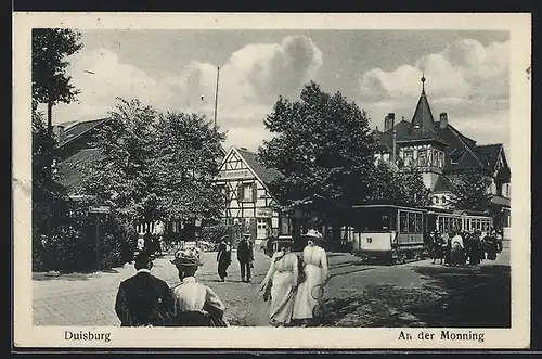 AK Duisburg, Gasthaus zum Monning mit Strassenbahn