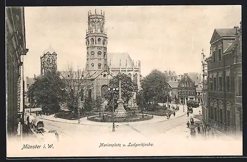 AK Münster i. W., Marienplatz und Ludgerikirche