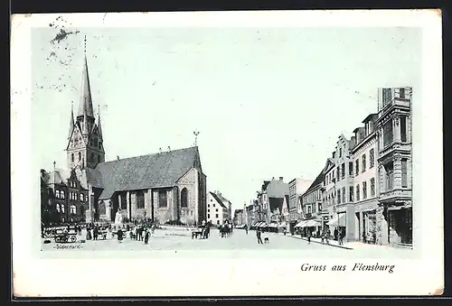 AK Flensburg, Südermarkt mit Kirche