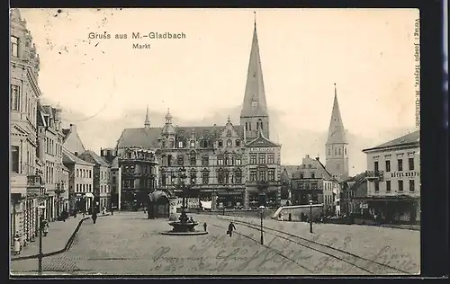 AK M.-Gladbach, Markt mit Hotel und Litfasssäule