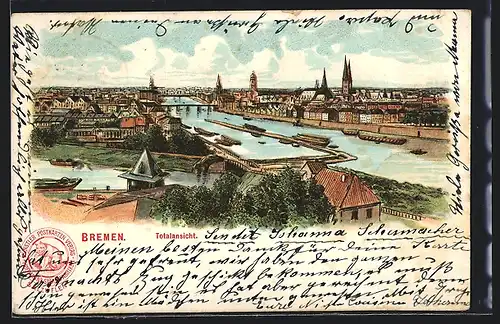 Lithographie Bremen / Stadt, Totalansicht mit Flusslauf