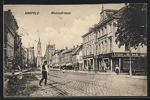 AK Krefeld, Rheinstrasse mit Passanten