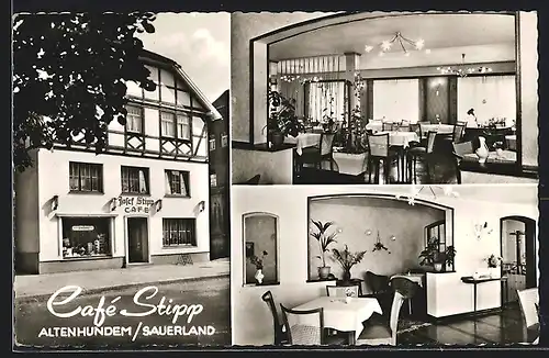 AK Altenhundem /Sauerland, Conditorei-Cafe Stipp, Innen- und Aussenansicht