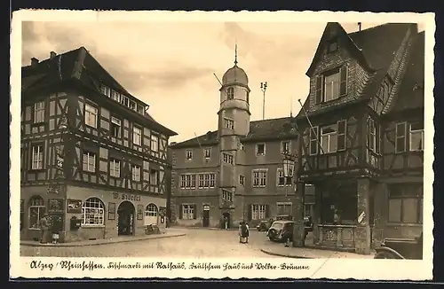 AK Alzey, Strasse am Fischmarkt mit Rathaus